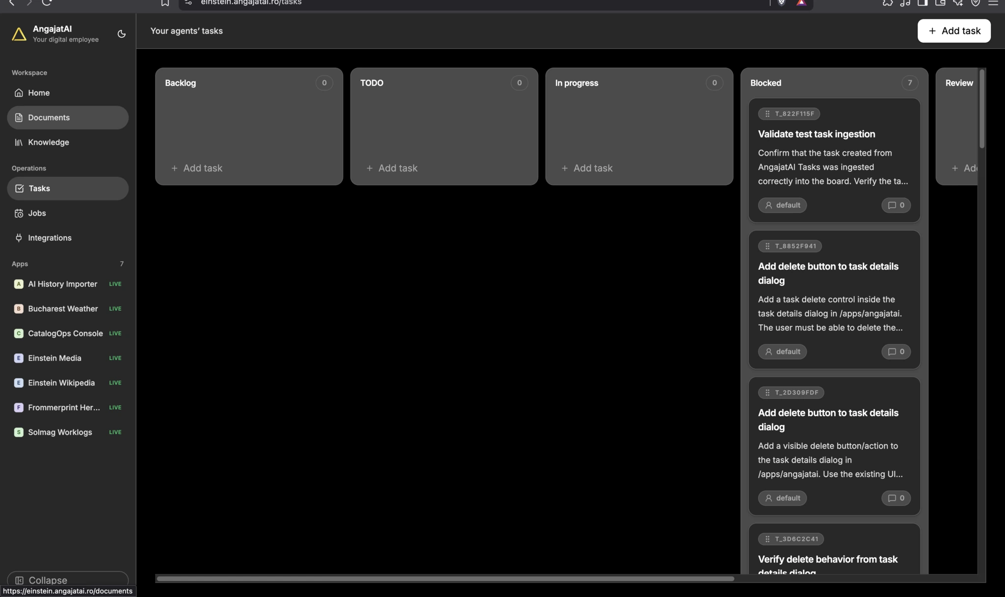 AngajatAI agent task board with backlog, progress, blocked and review columns