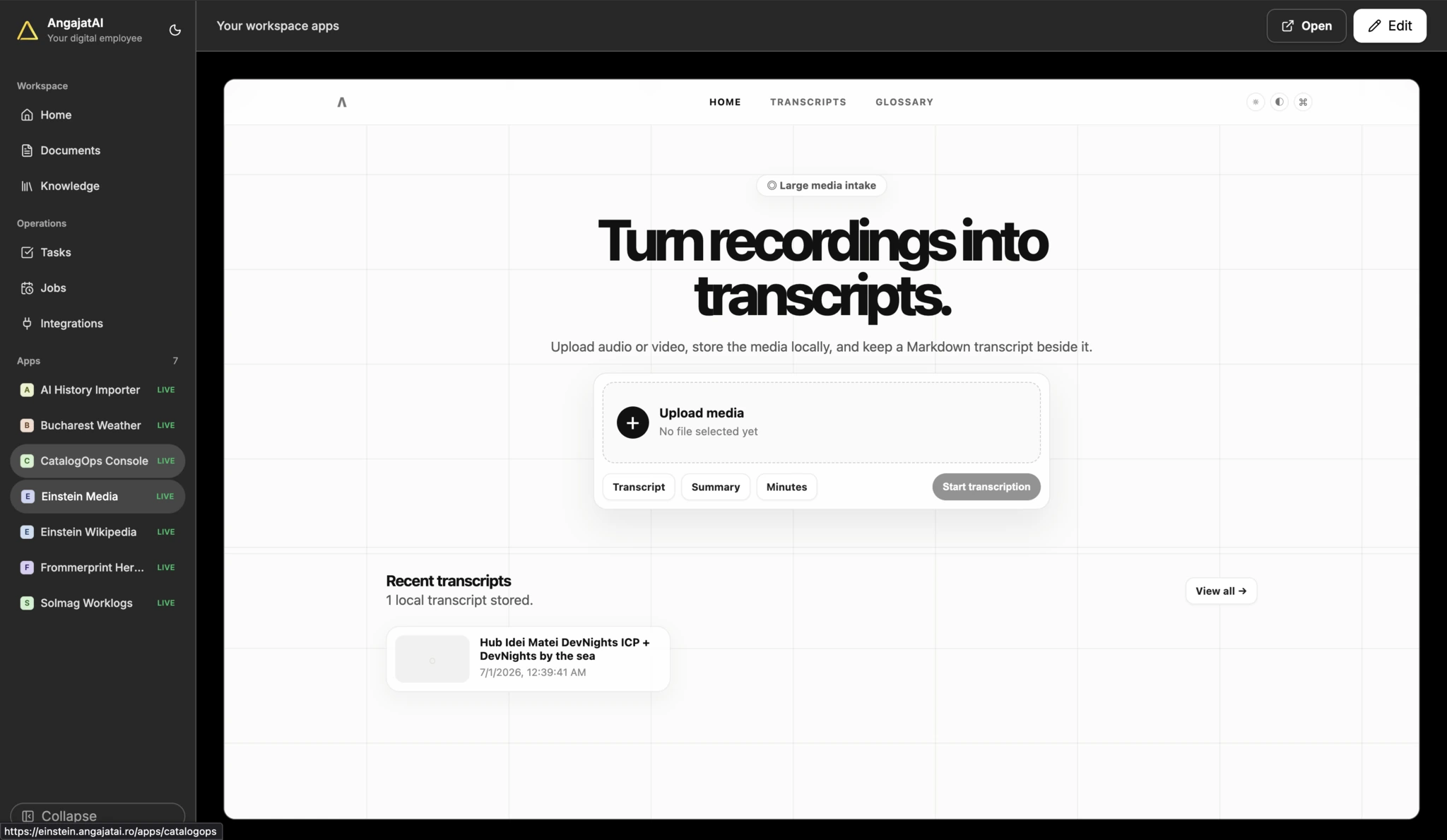 A generated media transcription application running inside the AngajatAI workspace