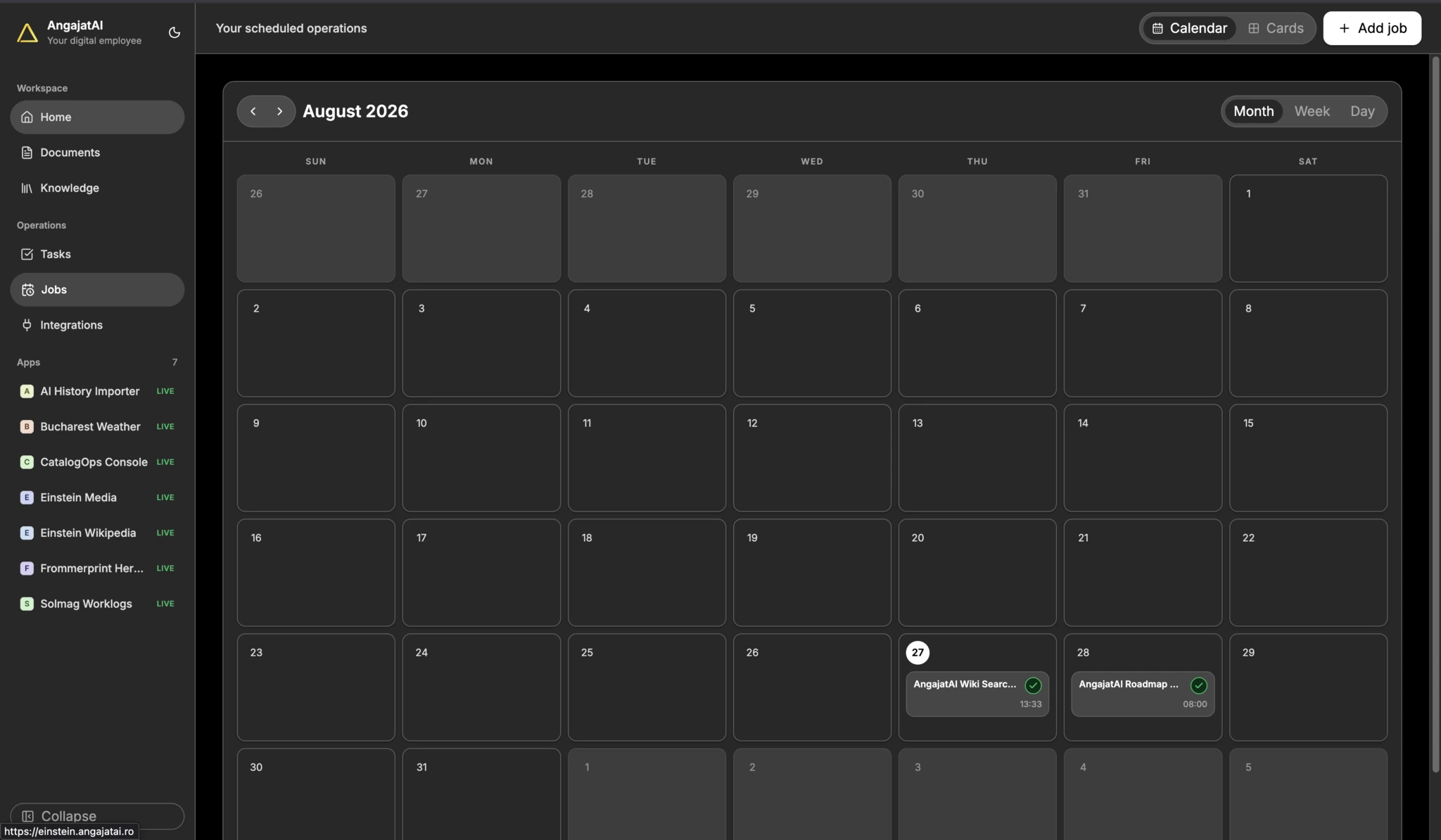 AngajatAI monthly calendar with scheduled and completed agent jobs