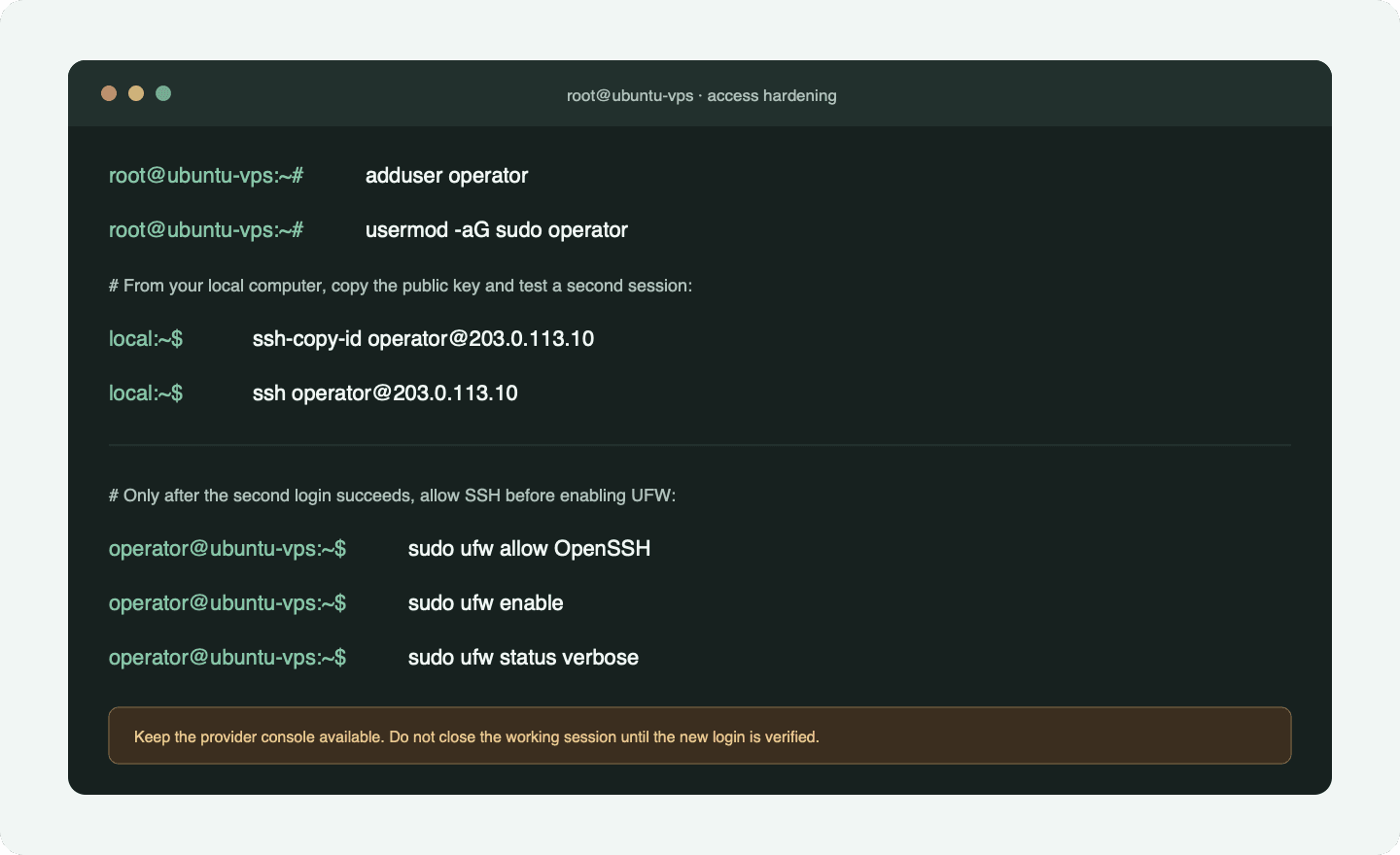 Illustrative terminal sequence for SSH, UFW, and VPS security checks