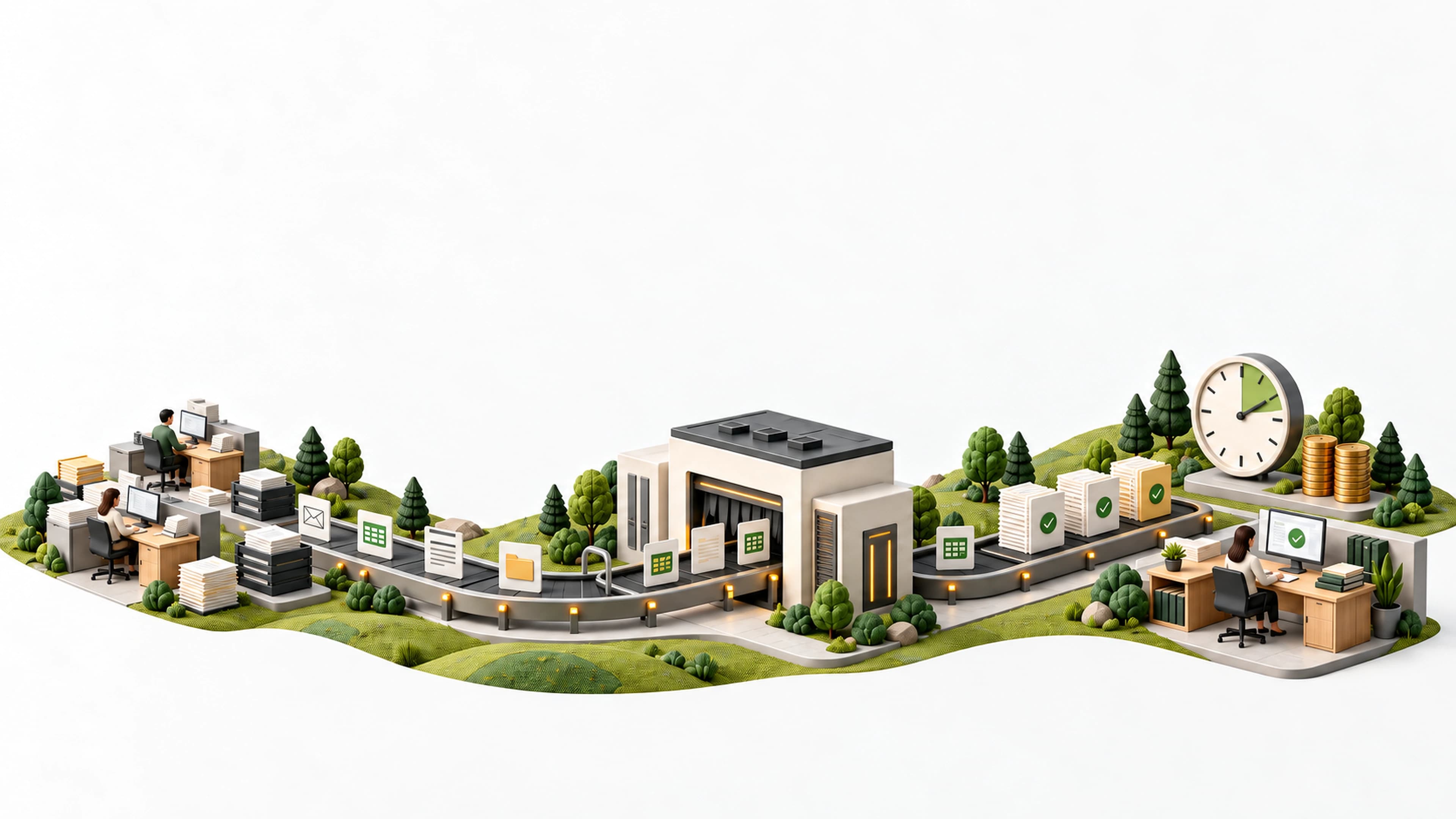A miniature operational landscape where repetitive documents and inbox work pass through a controlled AI system into reviewed outputs, with a clock and modest coin stacks representing saved time and cost.