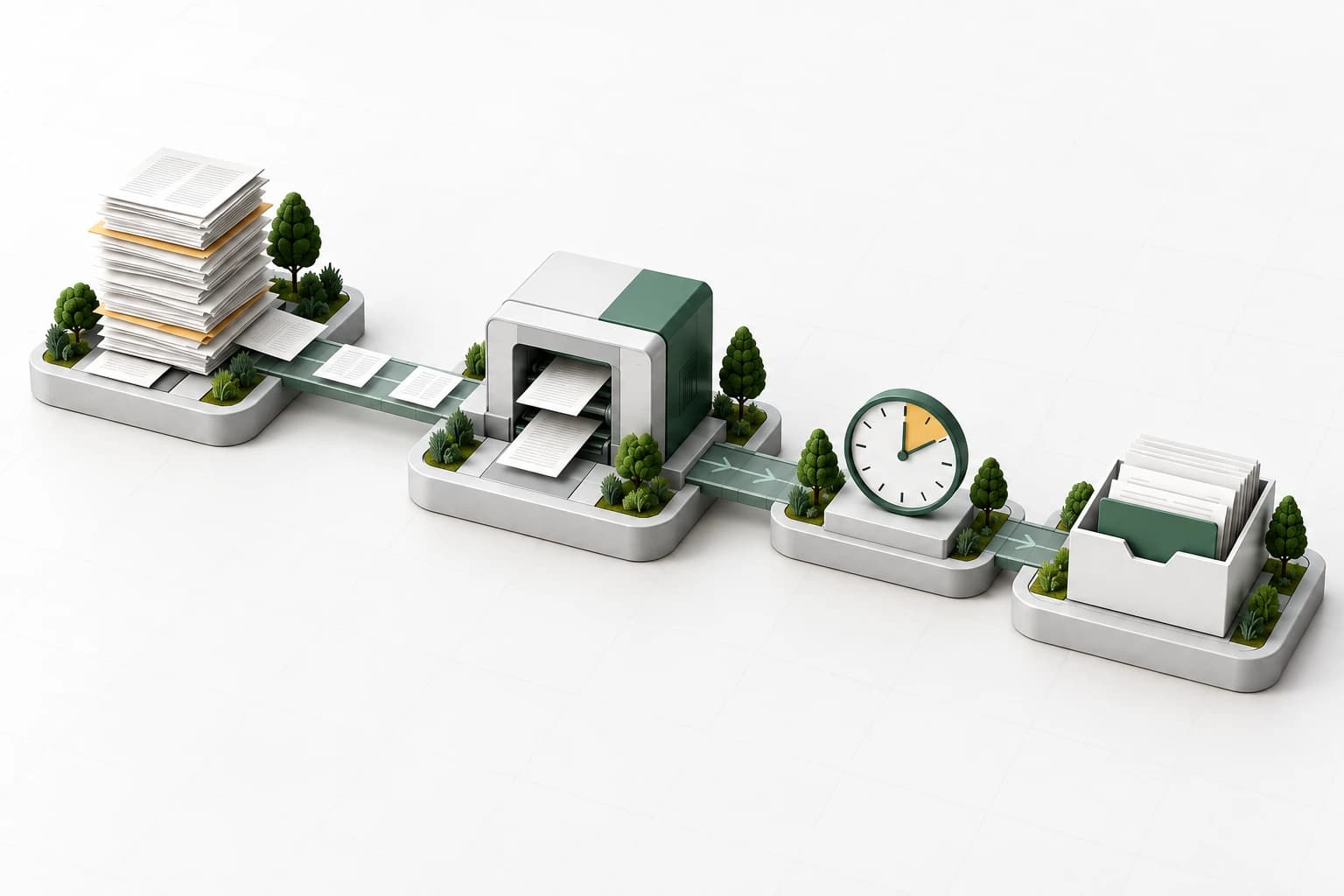 A large document stack moves through an automated system into an orderly tray beside a clock.