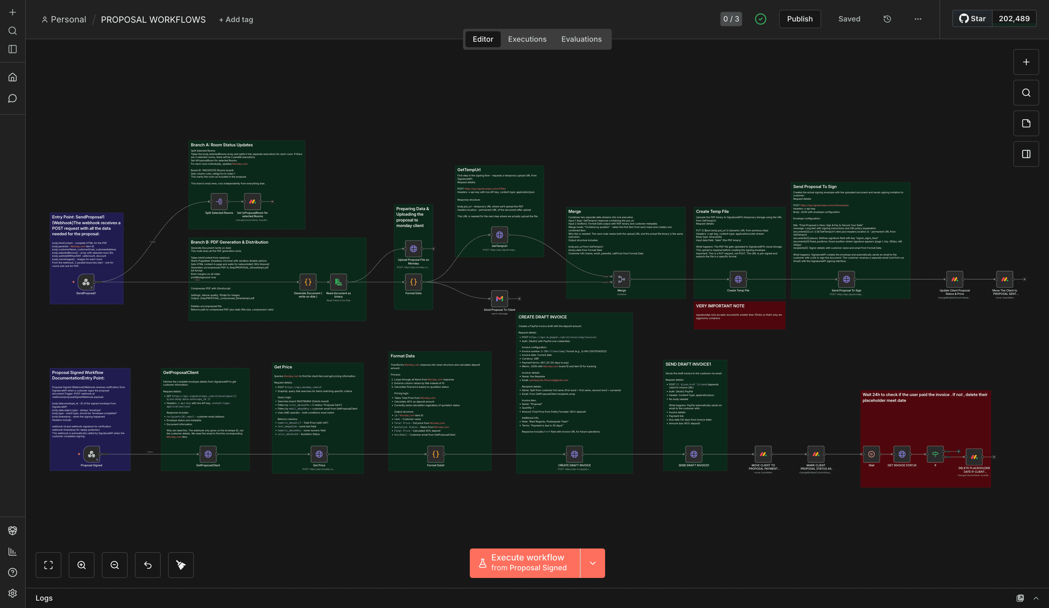 PaxBespoke proposal workflow shown on the n8n canvas