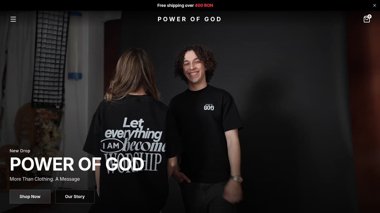 Power of God campaign homepage with Shop Now and Our Story actions