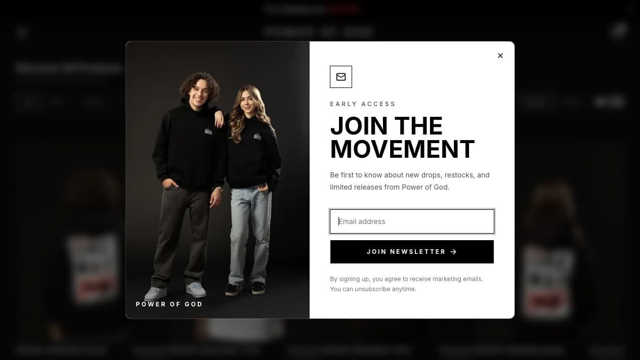 Power of God shop with an early-access newsletter prompt