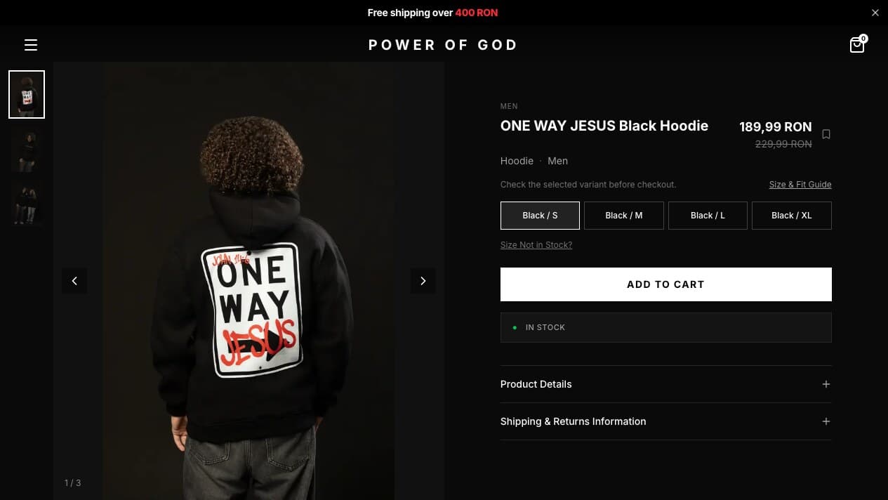 Power of God product page with image gallery, sizes, stock status and add-to-cart action