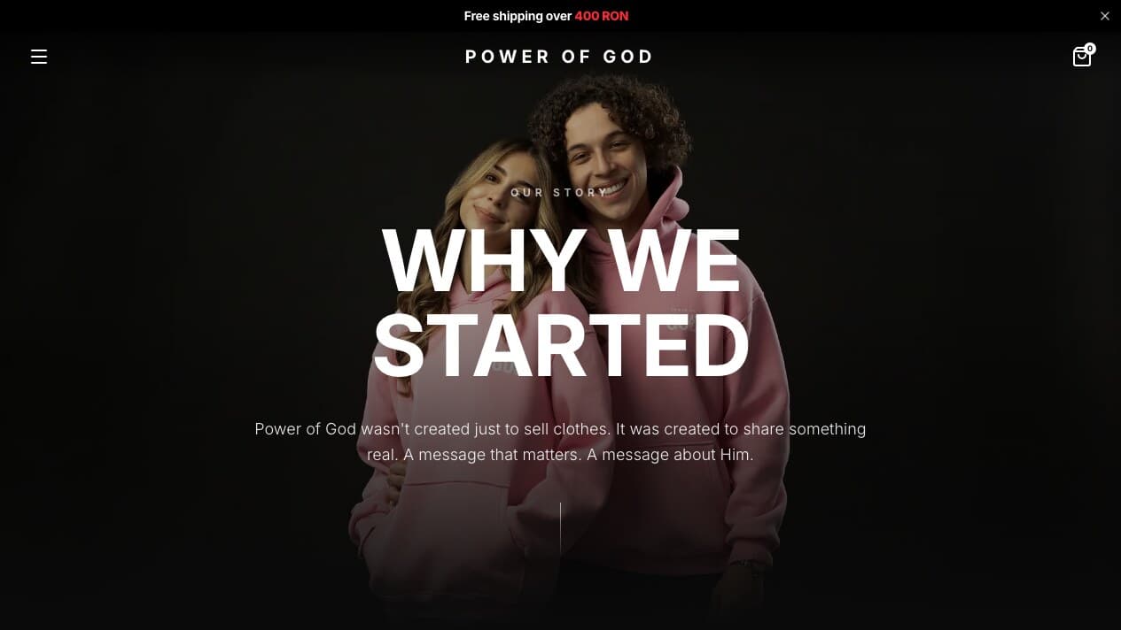 Power of God story page introducing the purpose behind the clothing brand