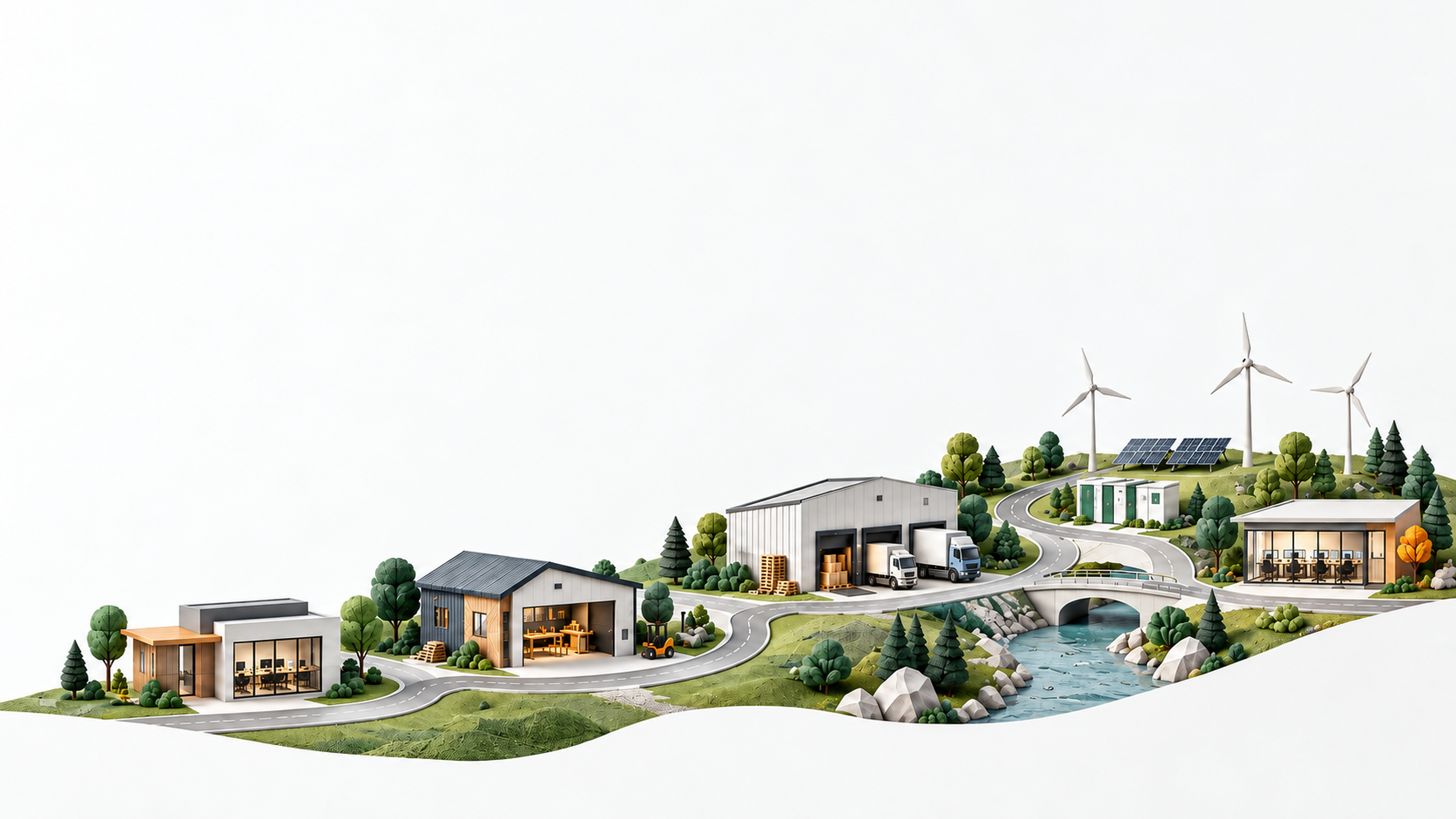 An operational landscape connecting an office, workshop, warehouse, transport, and energy along one route.